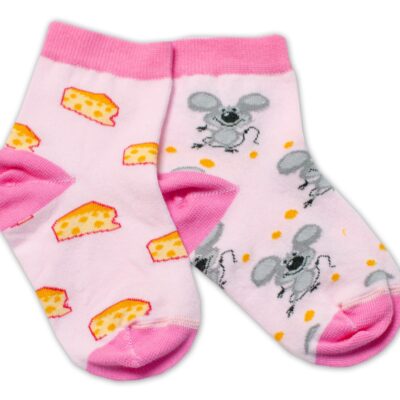 Baby Nellys Bavlnené veselé ponožky Myška a syr - svetlo ružová, veľ. 122/128