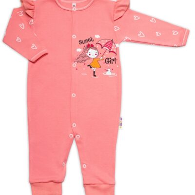 Baby Nellys Bavlnený dojčenský overal bez šľapiek Sweet Girl, losos, marhuľa, veľ. 74