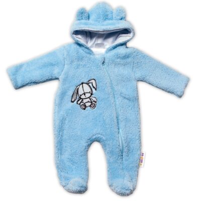 Baby Nellys Chlpáčkový overálek s kapucňou, Cute Bunny - modrý, veľ. 68