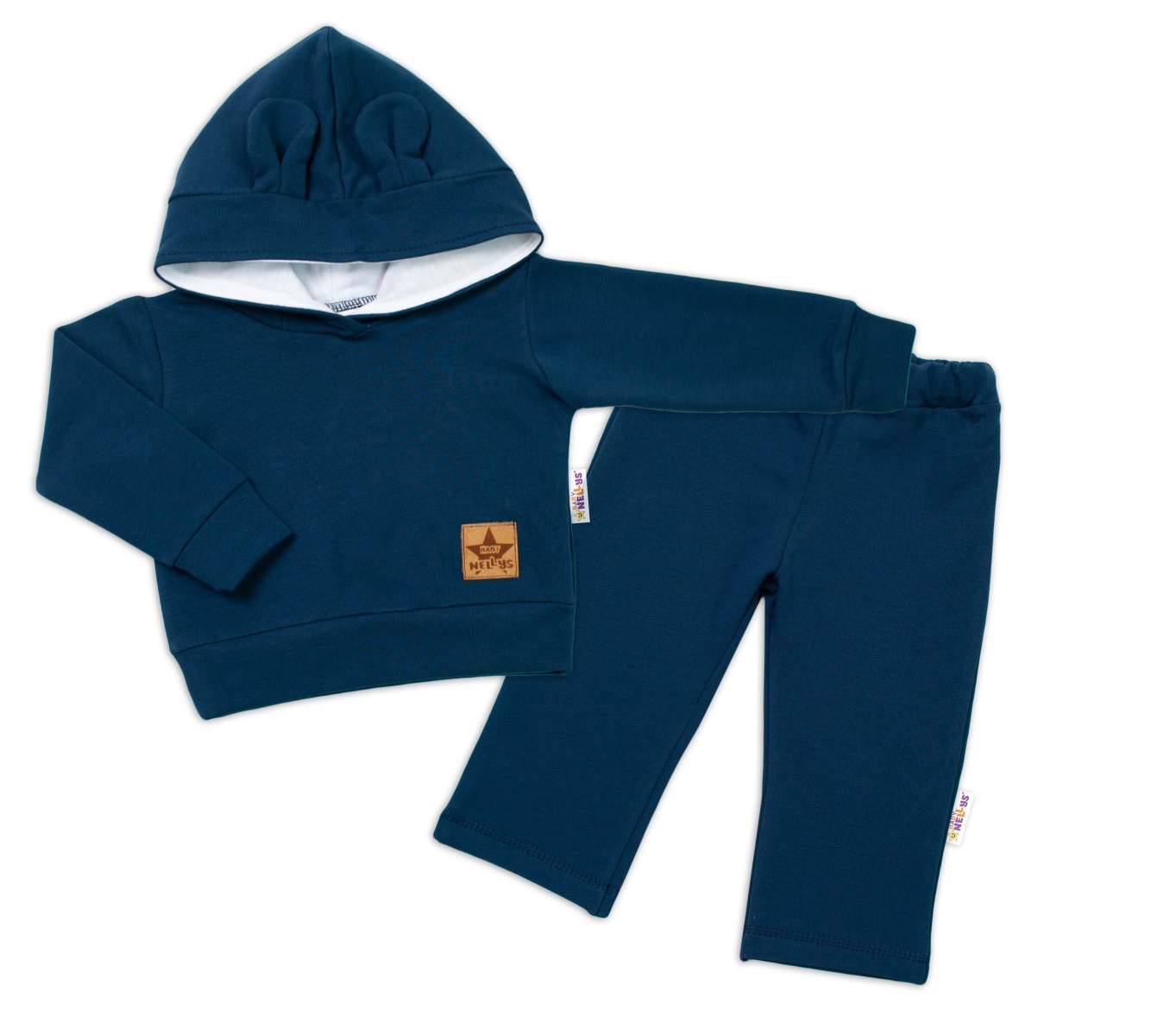 BABY NELLYS Detská tepláková súprava s kapucňou a uškami, granátová, veľ. 80