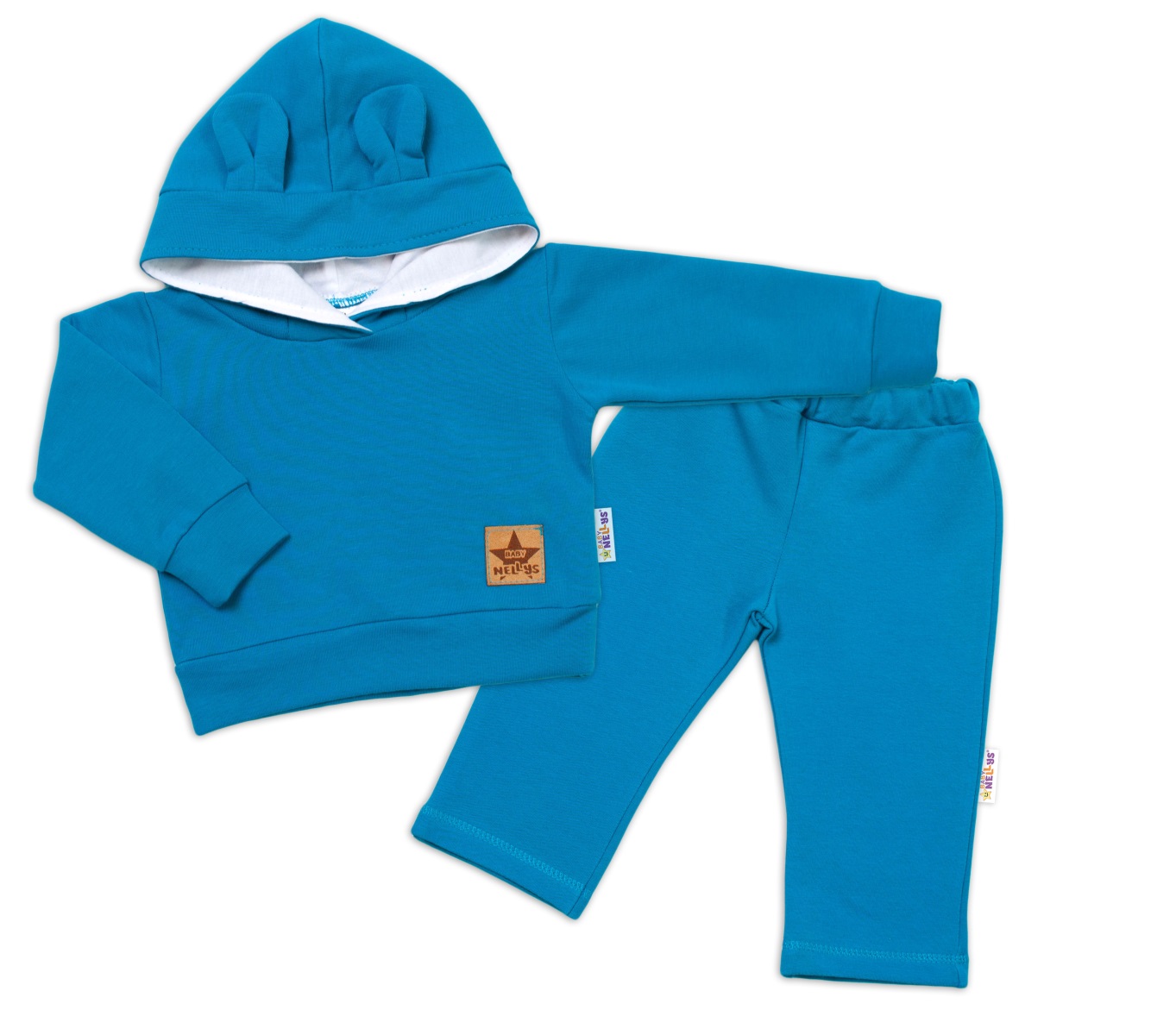 BABY NELLYS Detská tepláková súprava s kapucňou a uškami, petrolejová, veľ. 80