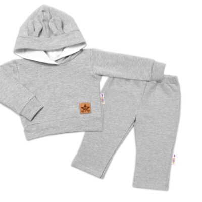 BABY NELLYS Detská tepláková súprava s kapucňou a uškami, sivá, veľ. 80