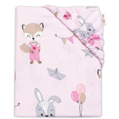 Baby Nellys Detské bavlnené prestieradlo do postieľky, Líška a zajac, ružové, 70x140 cm