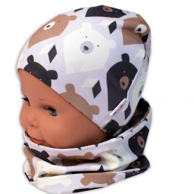 Baby Nellys Dvojvrstvová čiapka + komínček Medvede, hnedá/smotanová, veľ. 104/110