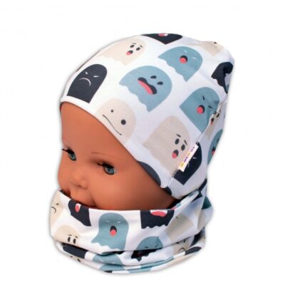 Baby Nellys Dvojvrstvová čiapka + komínček Príšerky, biela/mátová, veľ. 104/110