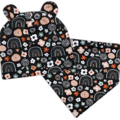 Baby Nellys Dvojvrstvová čiapka s uškami + šatka Palouček, grafit