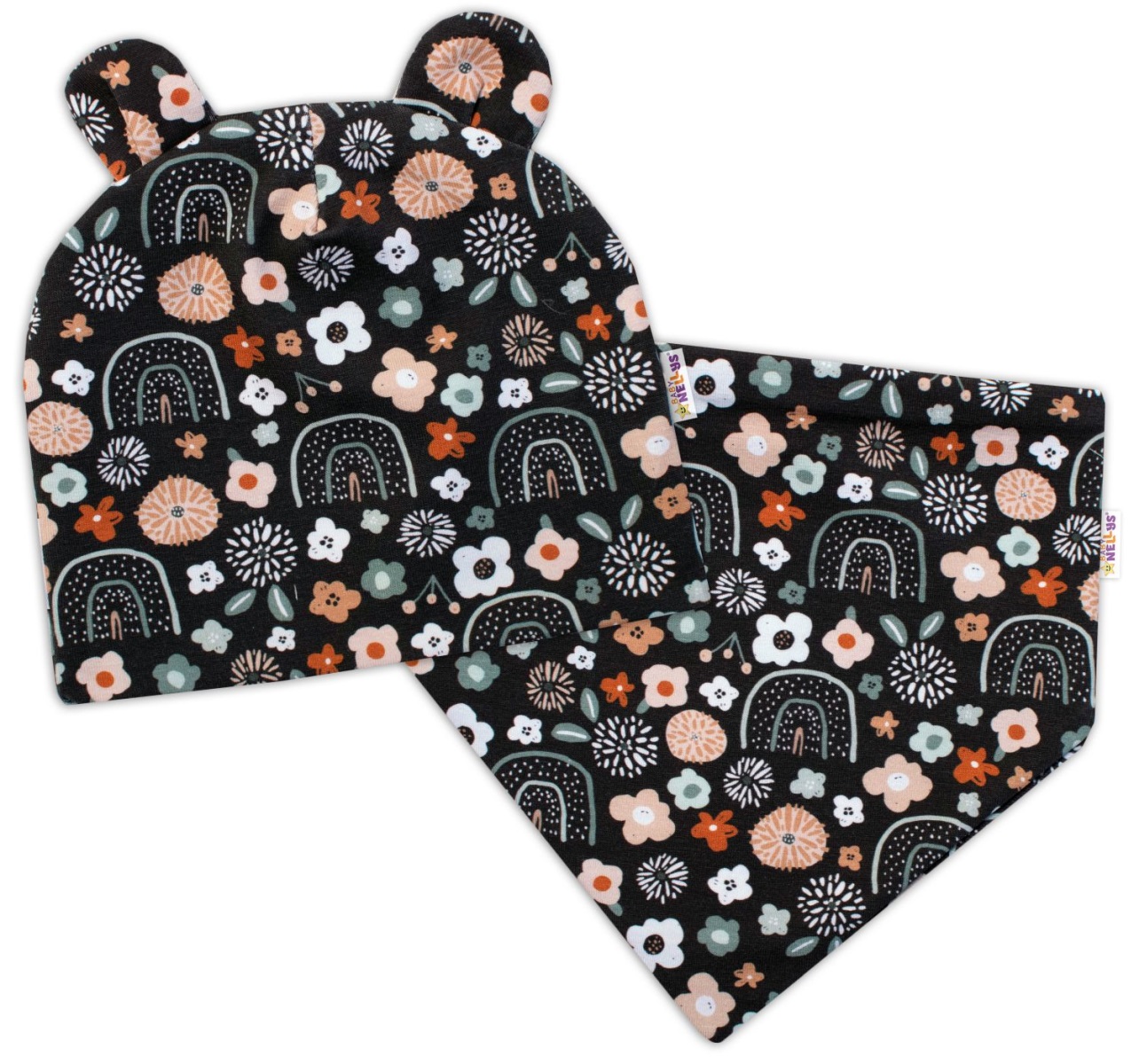 Baby Nellys Dvojvrstvová čiapka s uškami + šatka Palouček, grafit