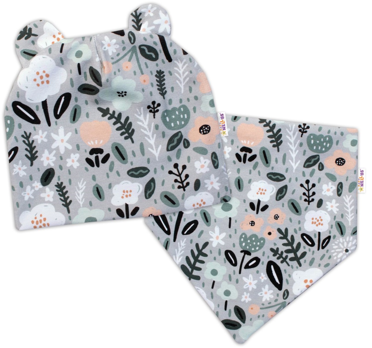 Baby Nellys Dvojvrstvová čiapka s uškami + šatka Palouček, mätová