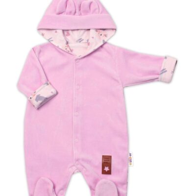 Baby Nellys Dvojvrstvový velúrový overal s kapucňou Bunny, ružový, veľ. 80