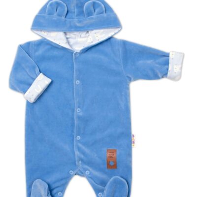 Baby Nellys Dvojvrstvový velúrový overal s kapucňou New Bunny, modrý