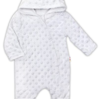Baby Nellys Kombinézka /overal Minky s kapucňou a uškami - biela, veľ. 80