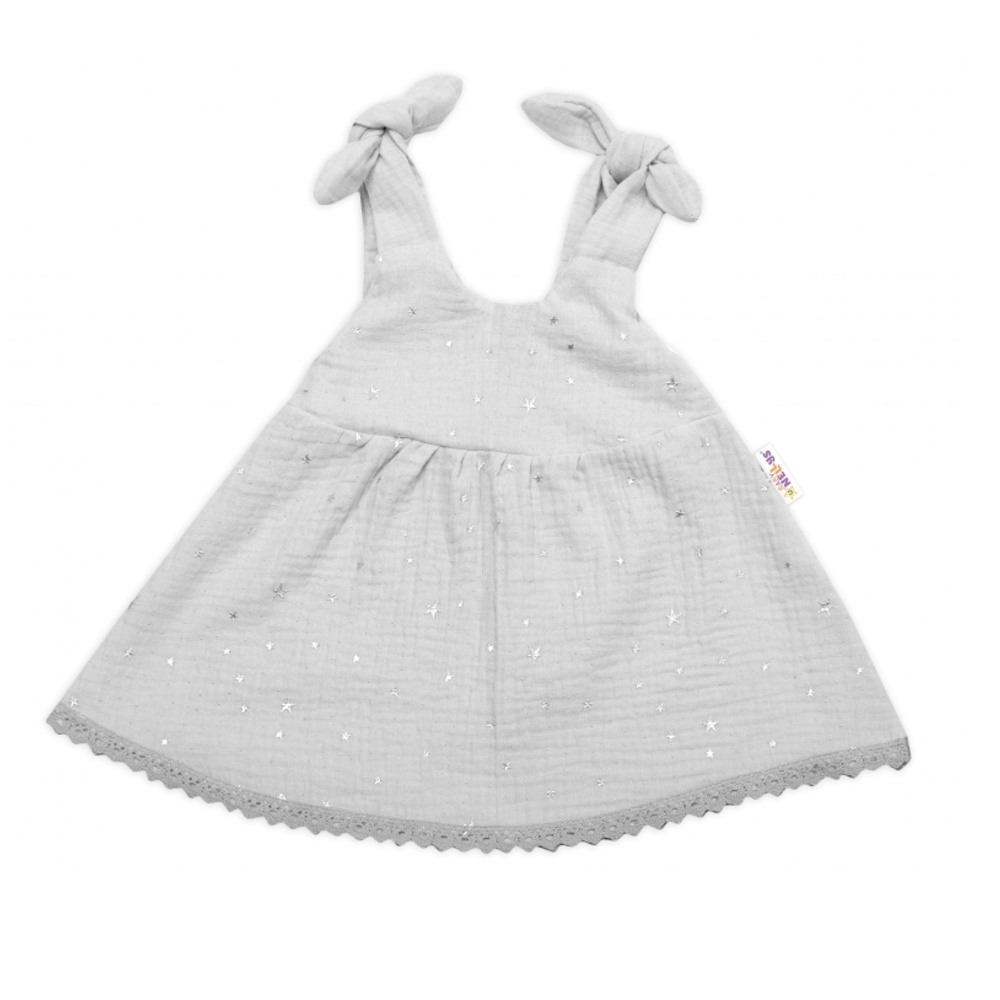 Baby Nellys Letné ľahučké mušelínové šaty Summer Stars - sivé, veľ. 80/86
