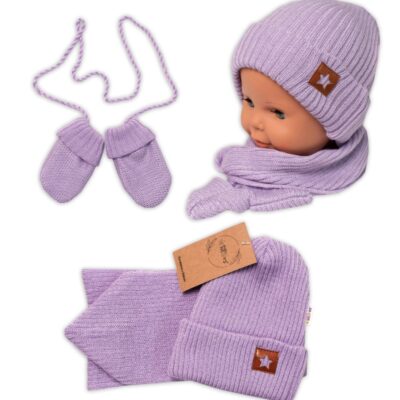 Baby Nellys Pletená čiapka so šálom a rukavičky 3v1, STAR - fialová