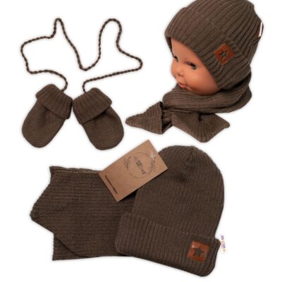 Baby Nellys Pletená čiapka so šálom a rukavičky 3v1, STAR - hnědá, 68/74