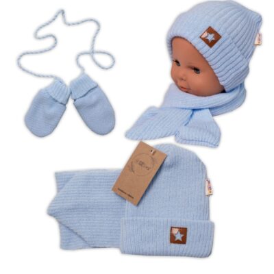 Baby Nellys Pletená čiapka so šálom a rukavičky 3v1, STAR - sv. modrá, 68/74