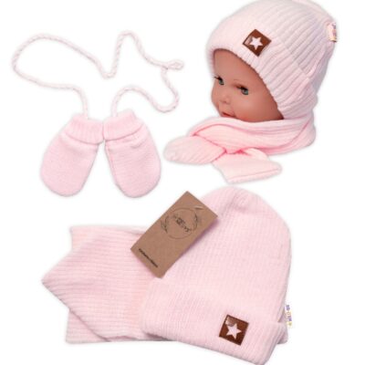 Baby Nellys Pletená čiapka so šálom a rukavičky 3v1, STAR - sv. růžová, 68/74