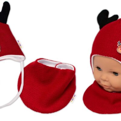 Baby Nellys Pletená dvojvrstvová čiapka so šatkou Sobík, červená/biela