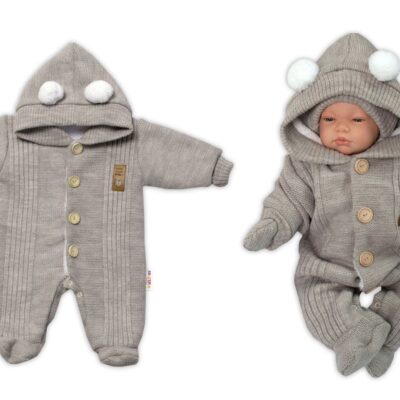 Baby Nellys Pletená kombinéza/overal LUX STAR s kožúškom - dvojvrstvová, béžová