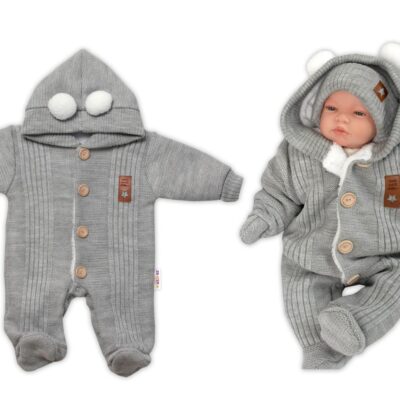 Baby Nellys Pletená kombinéza/overal LUX STAR s kožúškom - dvojvrstvová, šedá, veľ. 68