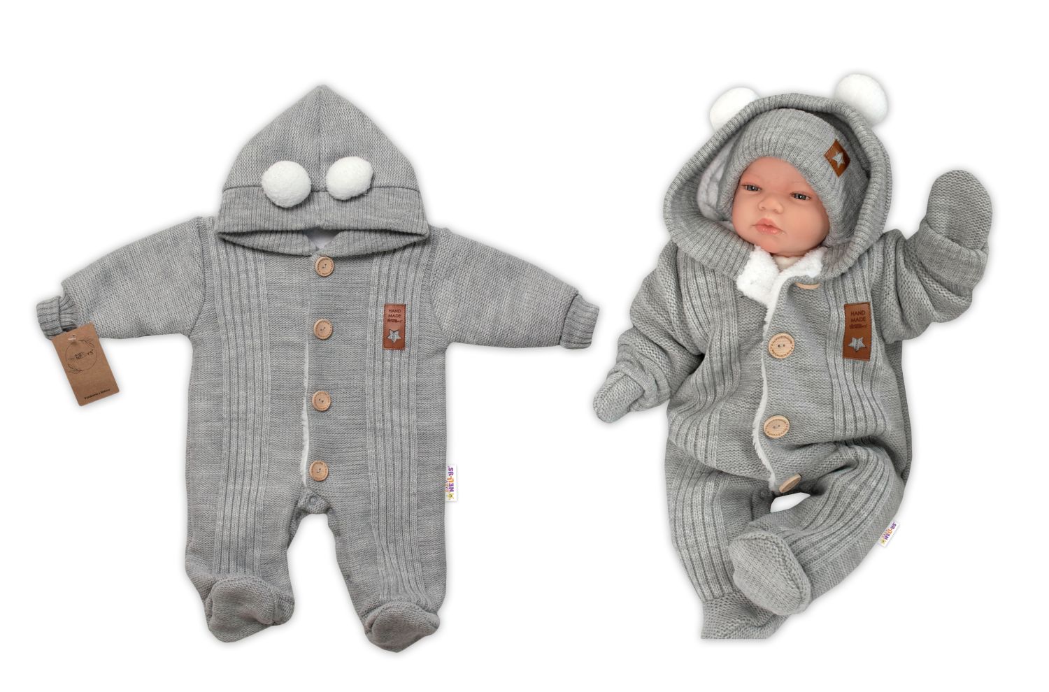 Baby Nellys Pletená kombinéza/overal LUX STAR s kožúškom - dvojvrstvová, šedá, veľ. 68