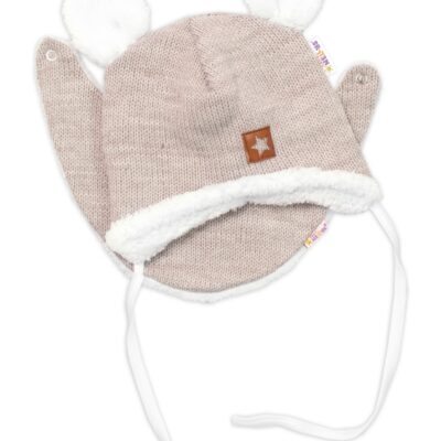 Baby Nellys Pletená zimná čiapka s kožúškom a šatkou Star, béžová