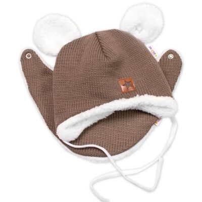 Baby Nellys Pletená zimná čiapka s kožúškom a šatkou Star, hnedá, veľ. 68/74
