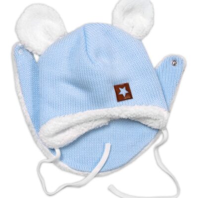 Baby Nellys Pletená zimná čiapka s kožúškom a šatkou Star, modrá, veľ. 68/74