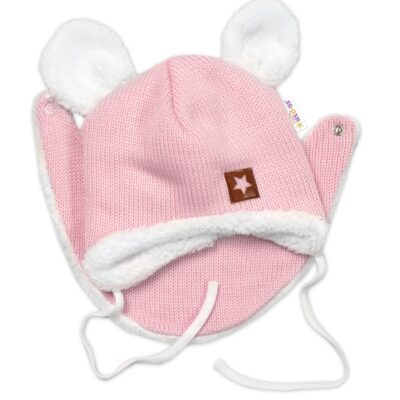 Baby Nellys Pletená zimná čiapka s kožúškom a šatkou Star, ružová, veľ. 68/74