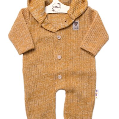 Baby Nellys Pletený overálok s kapucňou a gombíkmi Hand Made, medový žihaný, veľ. 80/86