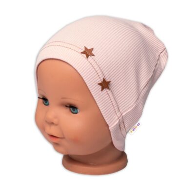 Baby Nellys Rebrovaná čiapka Hviezdičky - púdrová, veľ. 92/98