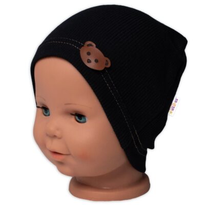Baby Nellys Rebrovaná čiapka Macko - čierna, veľ. 80/86
