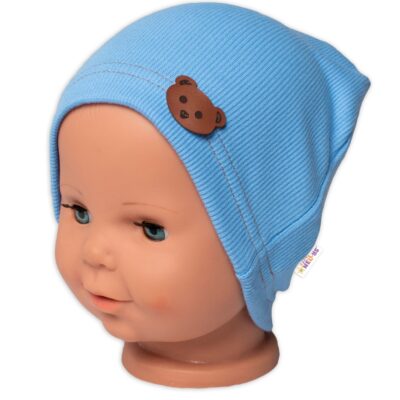 Baby Nellys Rebrovaná čiapka Macko - modrá, vel. 92/98
