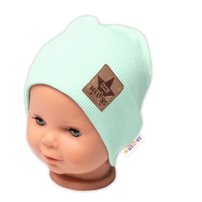 Baby Nellys Rebrovaná dvojvrstvová čiapka s lemom - mätová, veľ. 80/86