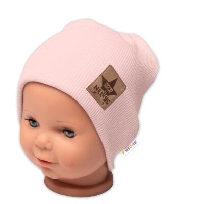 Baby Nellys Rebrovaná dvojvrstvová čiapka s lemom - púdrová