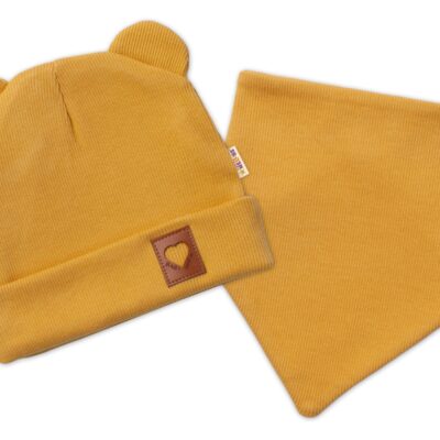 Baby Nellys Rebrovaná dvojvrstvová čiapka s uškami + šatka TEDDY - horčicová, 68/74