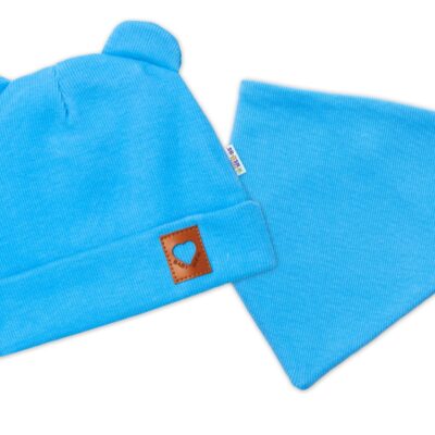 Baby Nellys Rebrovaná dvojvrstvová čiapka s uškami + šatka TEDDY - modrá, 92/98