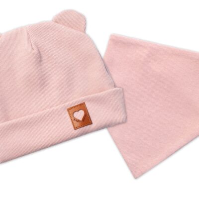 Baby Nellys Rebrovaná dvojvrstvová čiapka s uškami + šatka TEDDY - púdrová, 68/74