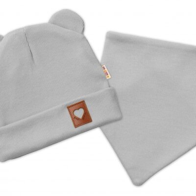 Baby Nellys Rebrovaná dvojvrstvová čiapka s uškami + šatka TEDDY - sivá