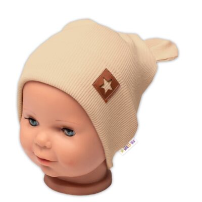 Baby Nellys Rebrovaná dvojvrstvová čiapka s uškami TEDDY - béžová, veľ. 68/74