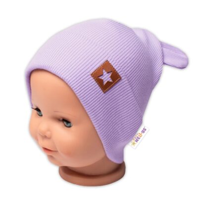 Baby Nellys Rebrovaná dvojvrstvová čiapka s uškami TEDDY - lila, veľ. 68/74