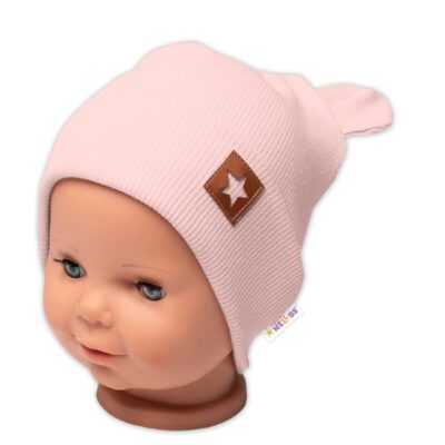 Baby Nellys Rebrovaná dvojvrstvová čiapka s uškami TEDDY - púdrová, veľ. 68/74