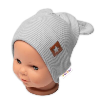 Baby Nellys Rebrovaná dvojvrstvová čiapka s uškami TEDDY - sivá, 68/74
