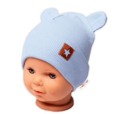 Baby Nellys Rebrovaná dvojvrstvová čiapka s uškami TEDDY - sv. modrá