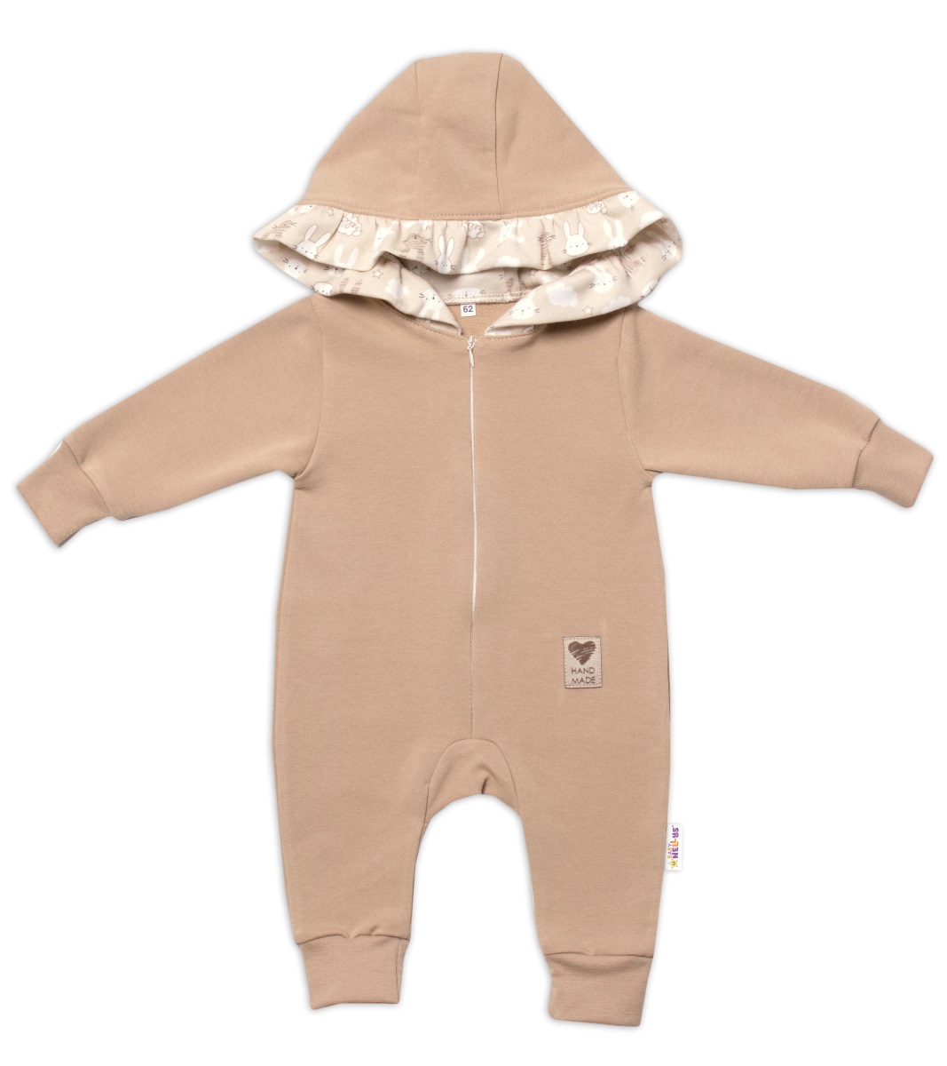 Baby Nellys Teplákový overal s kapucňou a volánikom, New Bunny - cappuccino, veľ. 68