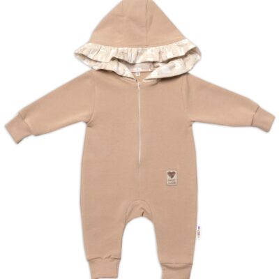 Baby Nellys Teplákový overal s kapucňou a volánikom, New Bunny - cappuccino, veľ. 74