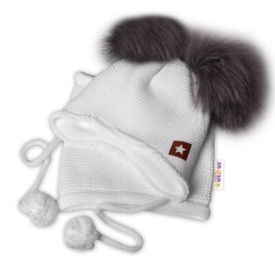 BABY NELLYS Zimná čiapka s fleecom a chlupáčka. bambuľky Star + komínok - biela, 104/116