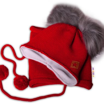 BABY NELLYS Zimná čiapka s fleecom a chlupáčka. bambuľky Star + komínok - červená, 104/116