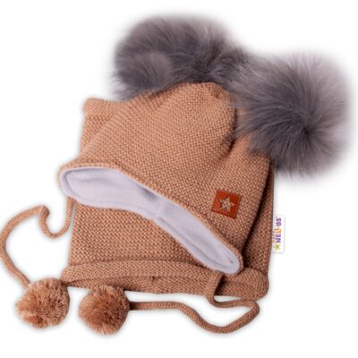 BABY NELLYS Zimná čiapka s fleecom a chlupáčka. bambuľky Star + komínok - medová, 104/116