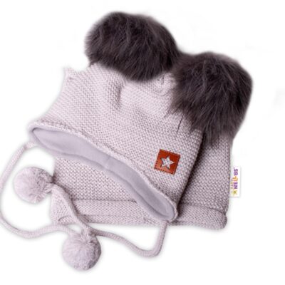 BABY NELLYS Zimná čiapka s fleecom a chlupáčka. bambuľky Star + komínok - sivá