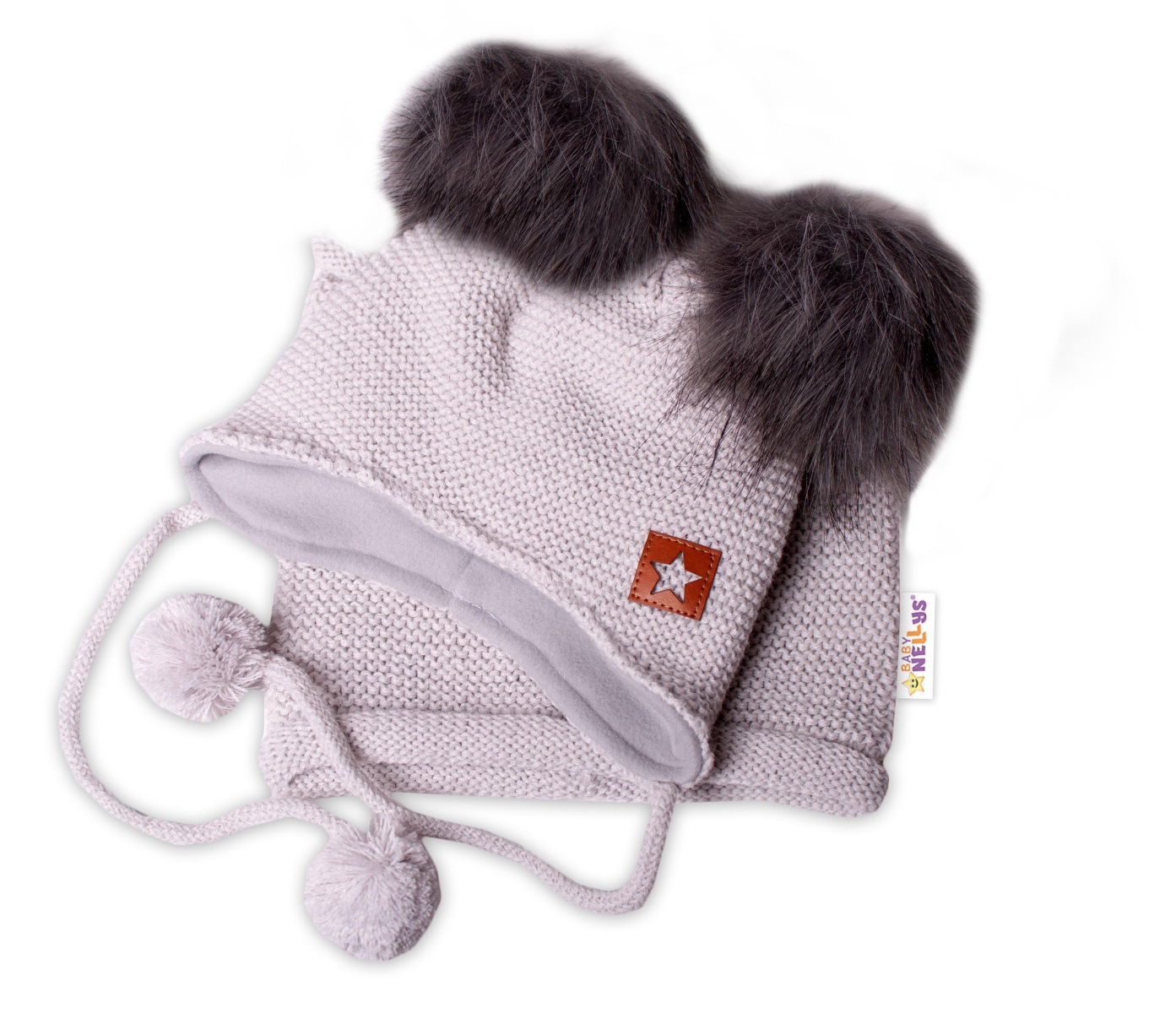 BABY NELLYS Zimná čiapka s fleecom a chlupáčka. bambuľky Star + komínok - sivá, 98/104